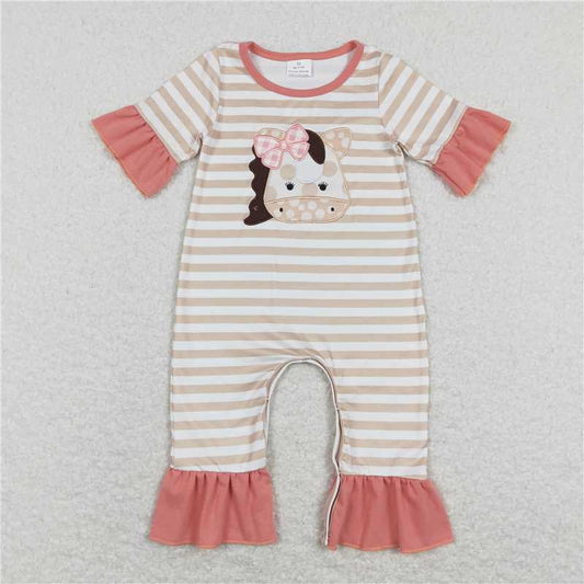 SR0674 Embroidered bow pony brown and white striped pink lace jumpsuit