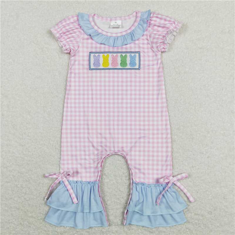 SR0689 Embroidered colorful bunny blue lace pink and white plaid shorts jumpsuit