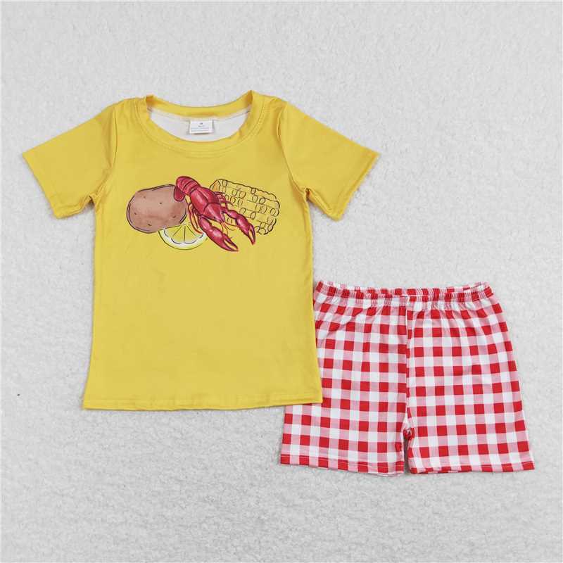 BSSO0438 Potato Crayfish Corn Yellow Short Sleeve Red and White Plaid Shorts Suit