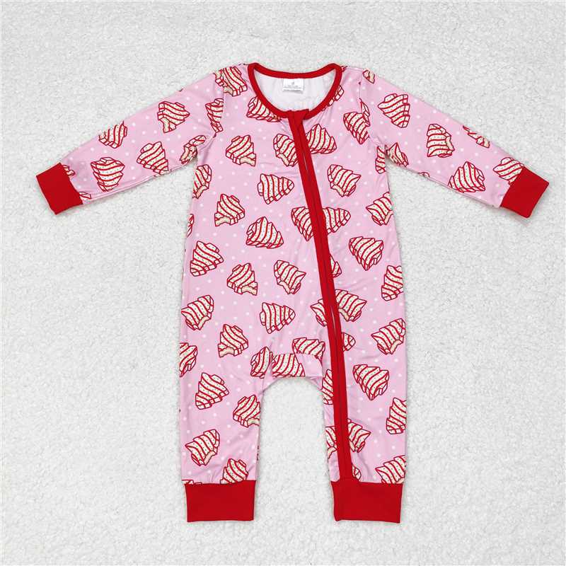 LR1428 New Christmas tree cookie polka dot pink zipper long sleeve jumpsuit