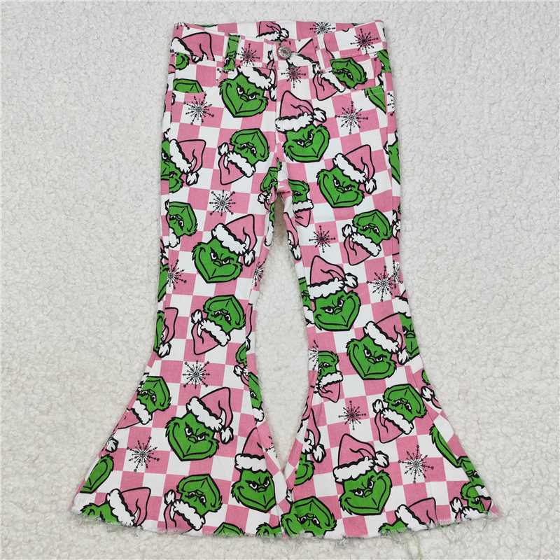 P0483 Grinch snowflake pink plaid denim trousers