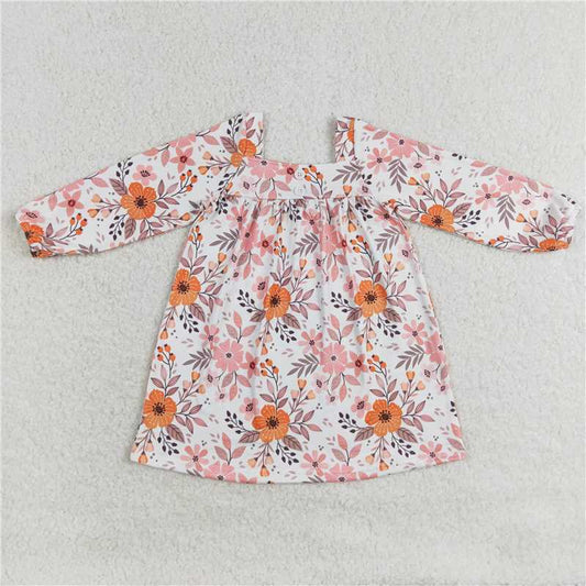 GLD0535 Pink and orange flower white square neck long sleeve dress