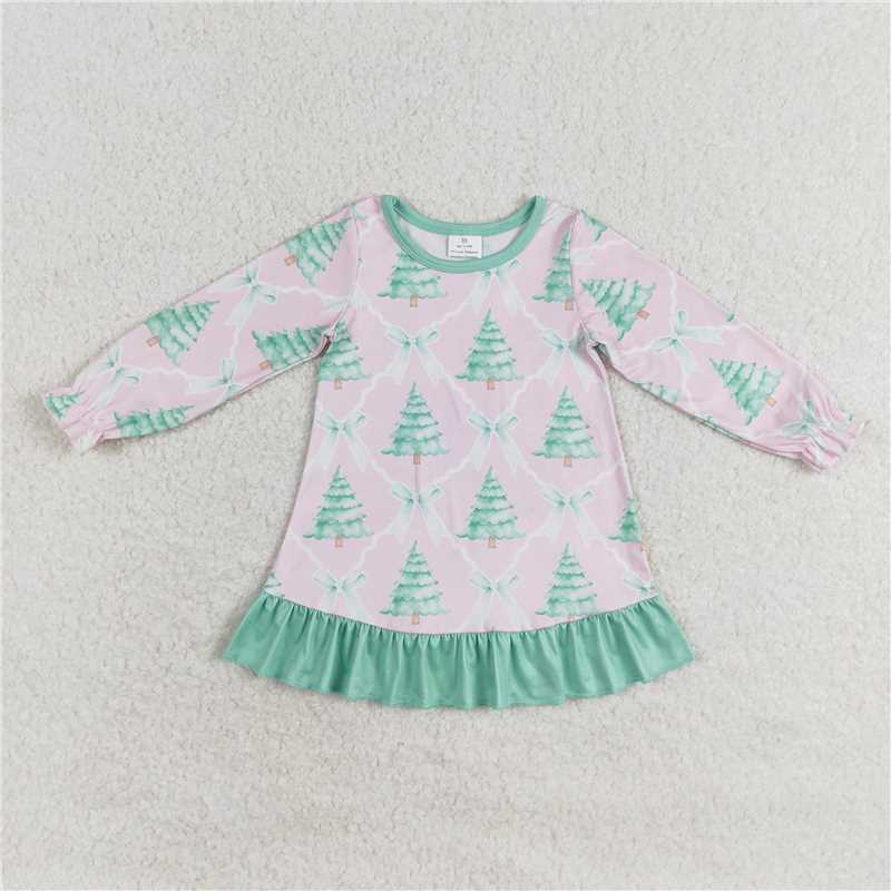 GLD0538 Christmas tree bow green lace pink long-sleeved dress