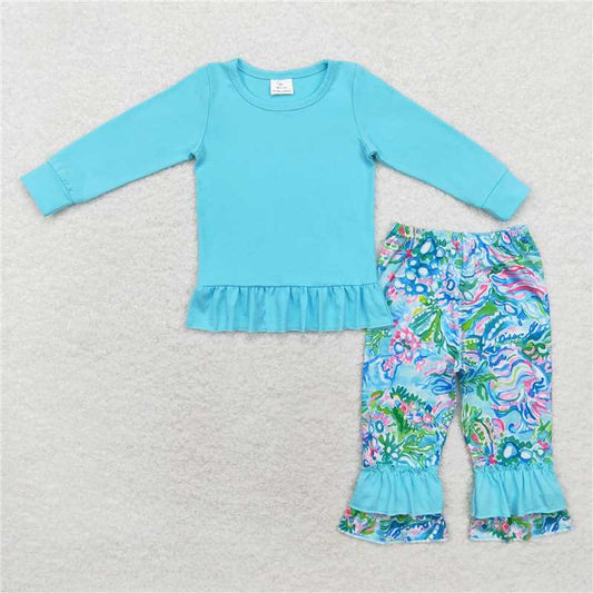 GLP1458 Solid sky blue long-sleeved seagrass trousers set