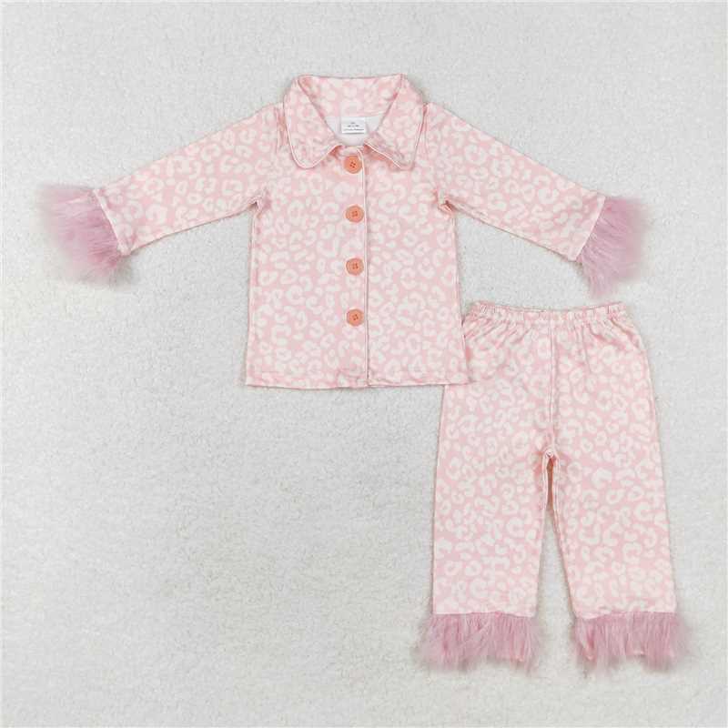 GLP1258 Pink fur trim leopard print long sleeve trousers pajama set