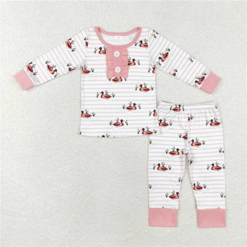 GLP1217 Duck pink and white striped lace long-sleeved trousers pajama set