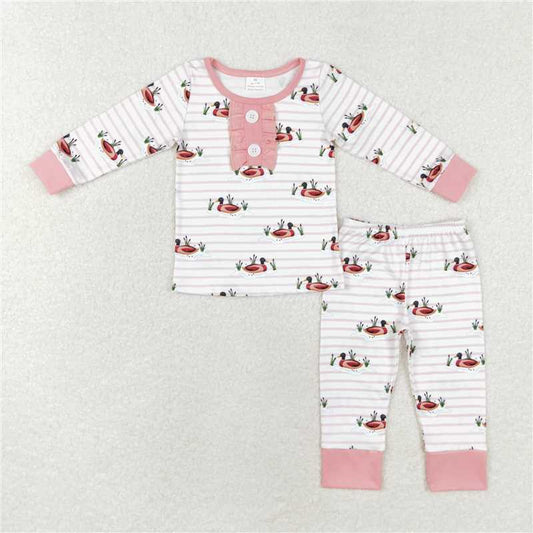 GLP1217 Duck pink and white striped lace long-sleeved trousers pajama set