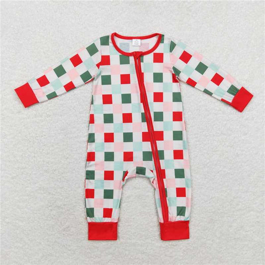 LR1197 Modal Christmas colorful plaid zipper long sleeve jumpsuit