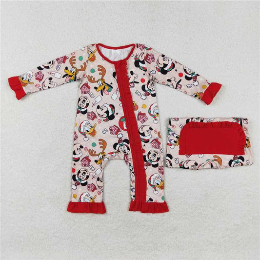 LR1334 Mickey Donald Duck Christmas red lace zipper long sleeve jumpsuit