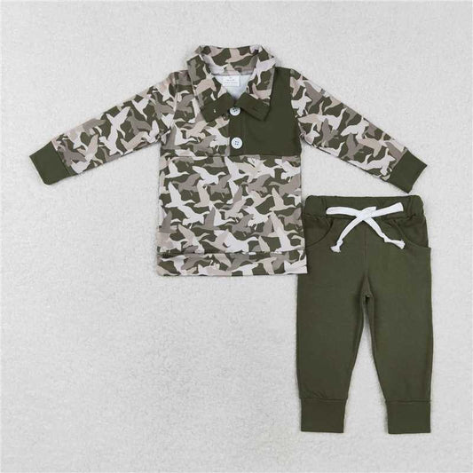 BLP0493 Duck camouflage button-down long-sleeved dark green trousers set