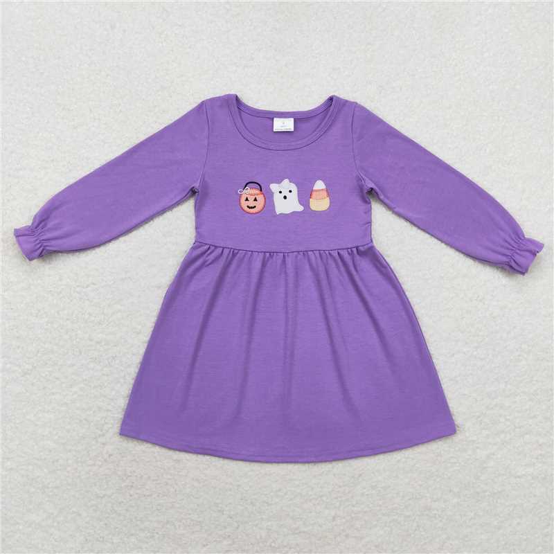 GLD0575 Embroidered smiley face pumpkin lantern ghost candy purple long-sleeved dress