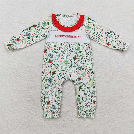 LR1176 merry christmas embroidered leaves red lace long-sleeved jumpsuit