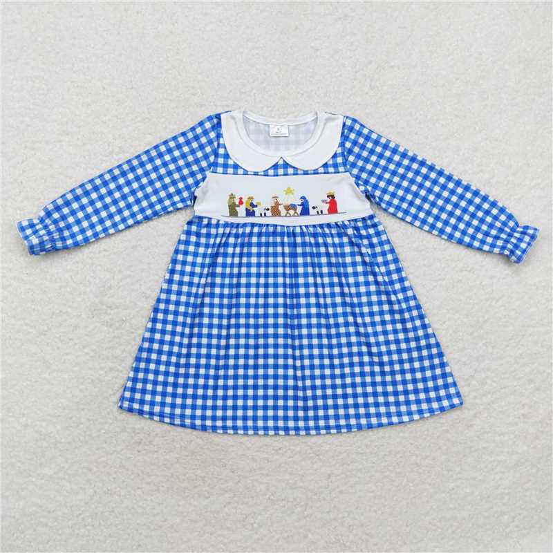 LD0647 Blue plaid long-sleeved dress with Jesus doll collar