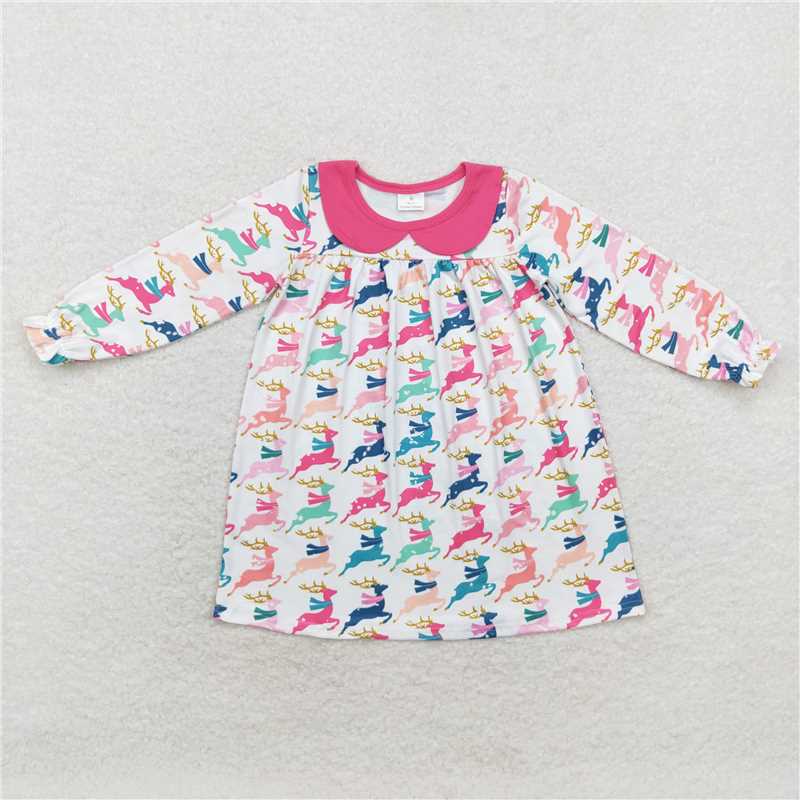 GLD0648 Colorful reindeer rose red doll collar white long-sleeved dress