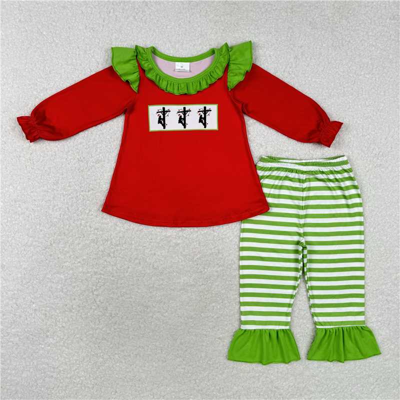 GLP1385 Christmas Electric Wire Repairman Green Lace Red Long Sleeve Striped Trousers Suit