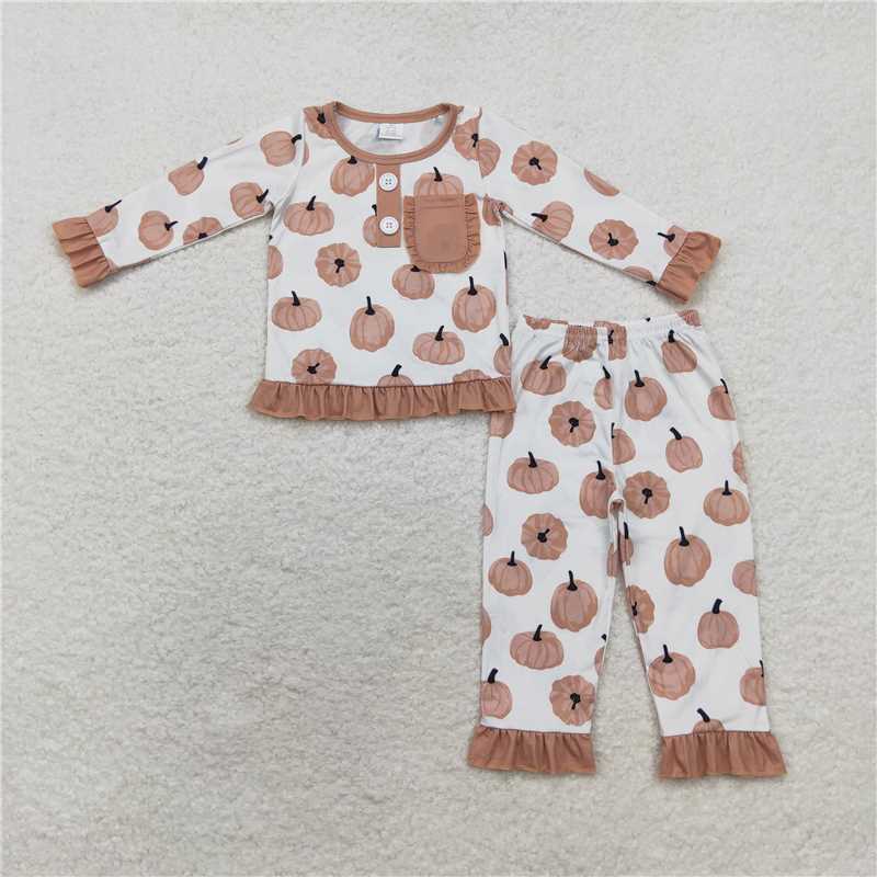 GLP1402 Modal Pumpkin Brown Lace Pocket Long Sleeve Long Pants Pajama Set