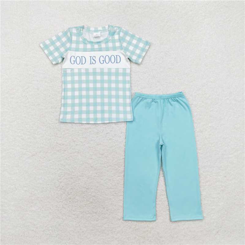 BSPO0463 god is good plaid short-sleeved blue-green trousers suit