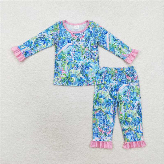 GLP1481 Modal flower house landscape painting rose red lace long sleeve long pants pajamas set