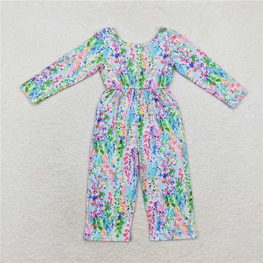 LR1141 Purple green vine flower pocket long sleeve jumpsuit