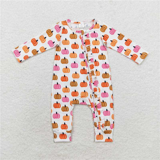 LR1219 Modal Girls Colorful Pumpkin Zipper Long Sleeve Bodysuit