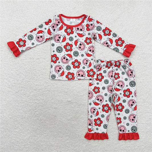 GLP1272 Modal Christmas smiley face flower red lace long-sleeved trousers pajamas set