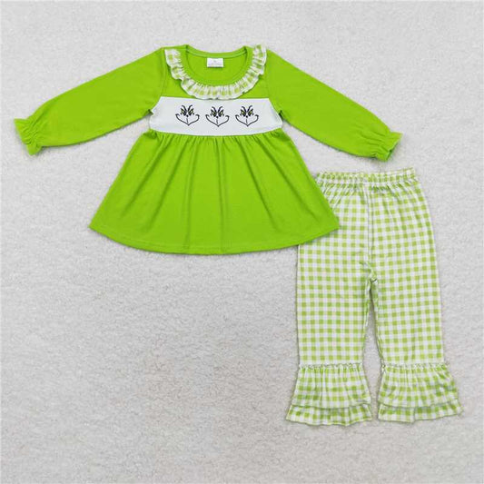 GLP1399 Grinch smiley green plaid lace long-sleeved trousers suit