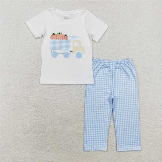 BSPO0398 Pumpkin Truck White Short Sleeve Blue Plaid Trousers Set