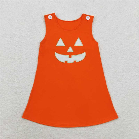 GSD1376 Embroidered Halloween smiley face orange sleeveless dress