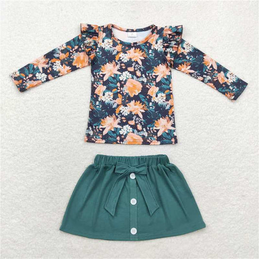 GLD0590 Flower long-sleeved dark green skirt suit