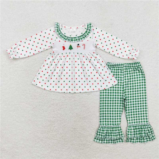 GLP1395 Embroidered Christmas tree snowman cane polka dot green plaid lace white long sleeve trousers suit