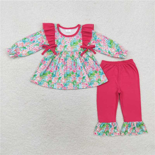 GLP1430 Flower leaf red lace bow long sleeve trousers suit