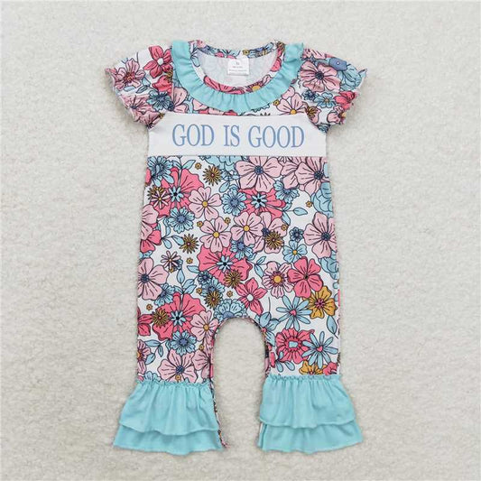 SR1938 god is good flower blue-green lace beige short-sleeved jumpsuit