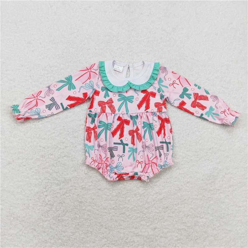 LR1413 Pink long-sleeved bodysuit with bow pattern and baby collar