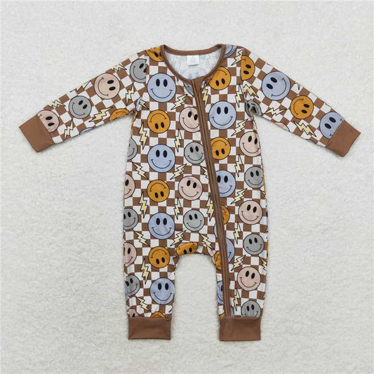 LR0961 Modal Smiley Lightning Brown Plaid Zipper Long Sleeve Bodysuit