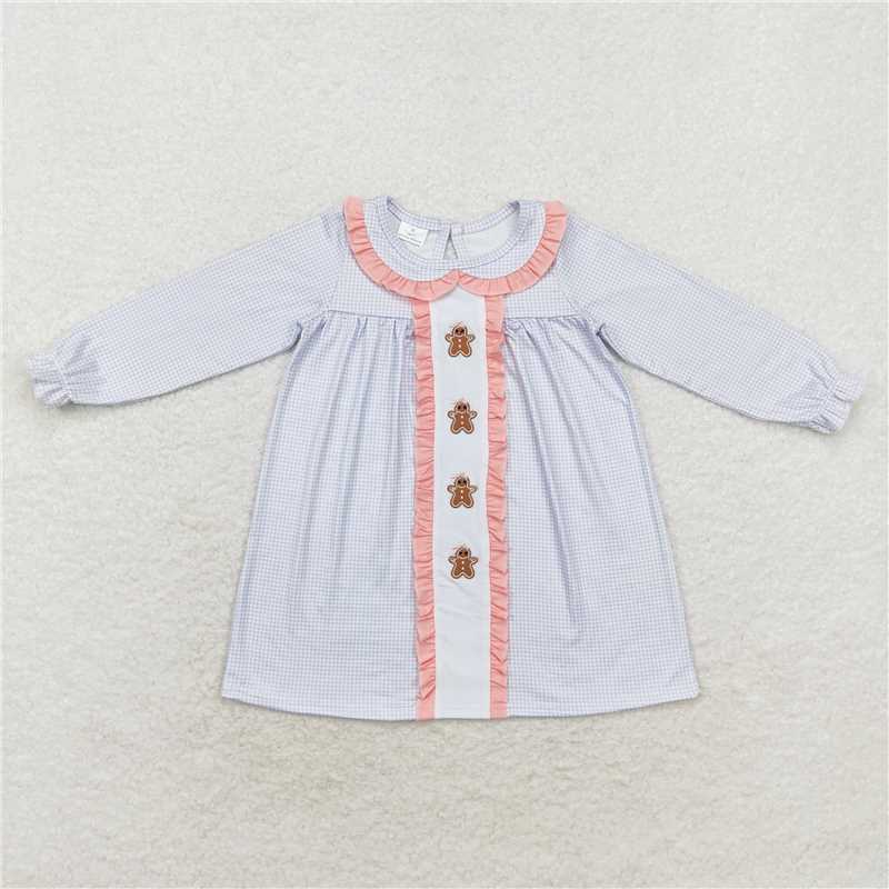 GLD0571 Embroidered gingerbread man pink lace doll collar blue plaid long-sleeved dress