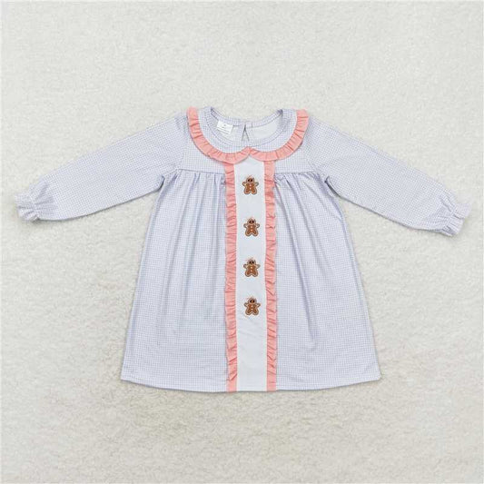 GLD0571 Embroidered gingerbread man pink lace doll collar blue plaid long-sleeved dress