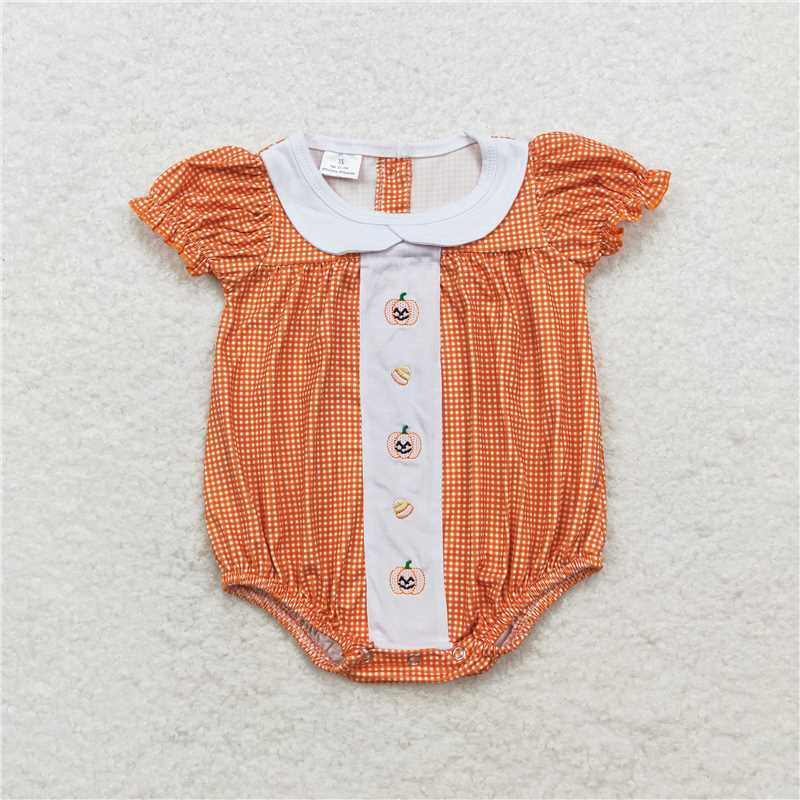 SR1879 Embroidered smiley face pumpkin lantern candy doll collar orange plaid short-sleeved jumpsuit