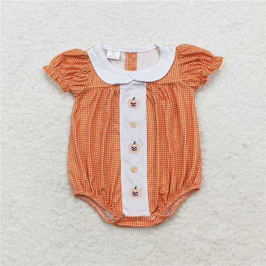 SR1879 Embroidered smiley face pumpkin lantern candy doll collar orange plaid short-sleeved jumpsuit