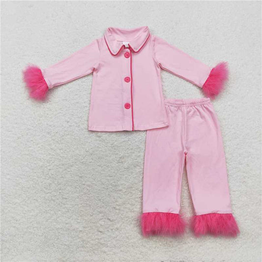 GLP1255 Pink long-sleeved trousers pajamas set with plush edges