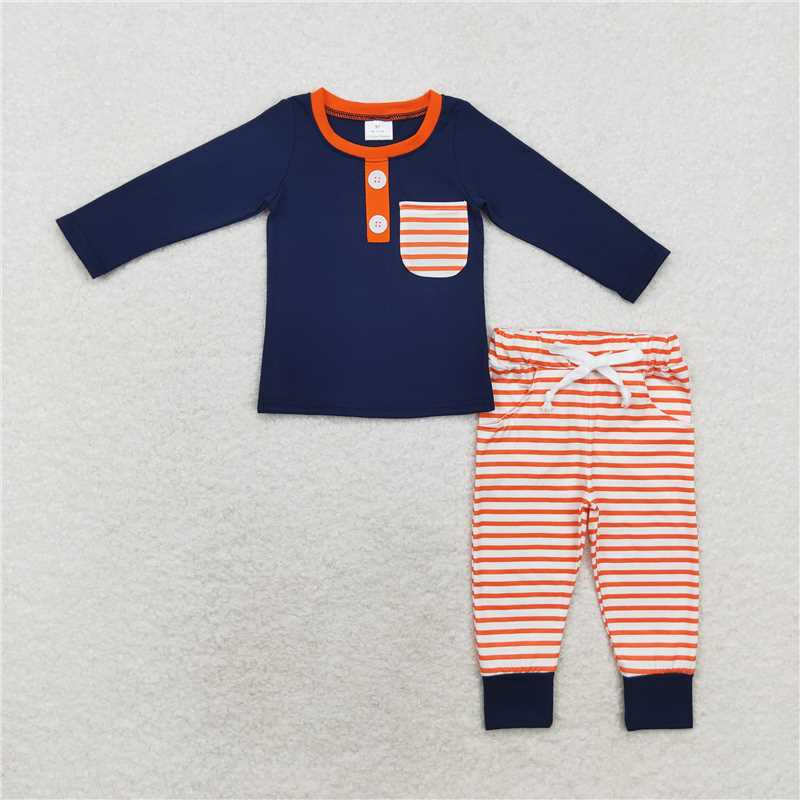 BLP0627 Orange striped pocket navy blue long sleeve trousers set