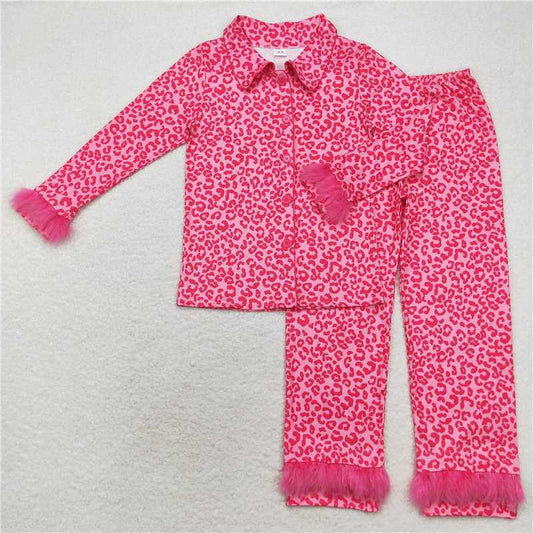 4.9 GLP1261 Adult female plush edge leopard print pink long sleeve long pants pajamas set
