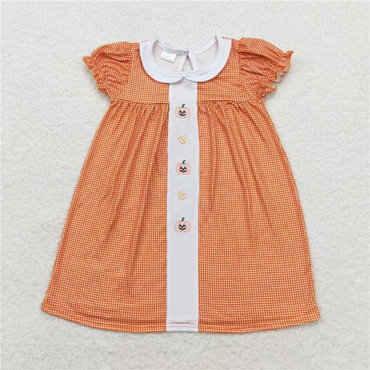 GSD1337 Embroidered smiley face pumpkin lantern candy doll collar orange plaid short-sleeved dress