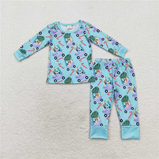 BLP0694 bluey Modal Christmas tree car cane blue long-sleeved trousers pajamas set