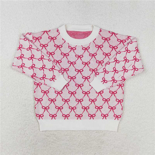 GT0687 Pink long-sleeved cotton sweater with bow pattern