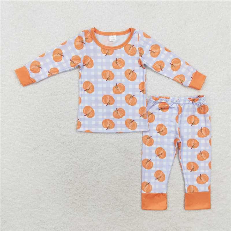 BLP0584 Modal pumpkin blue plaid long sleeve long pants pajama set