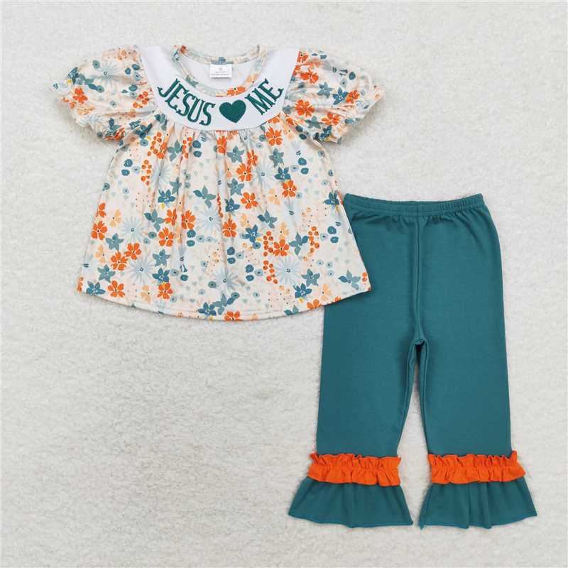 GSPO1659 jesus love me embroidered flower short-sleeved green trousers suit