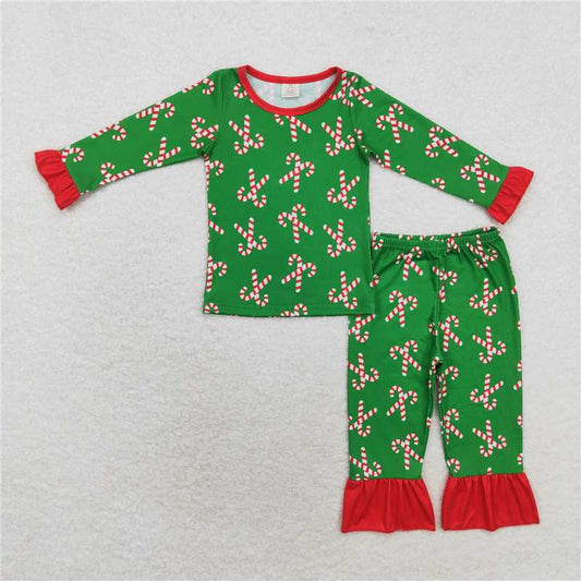 GLP1387 Modal Santa Claus Cane Red Lace Green Long Sleeve Long Pants Pajama Set