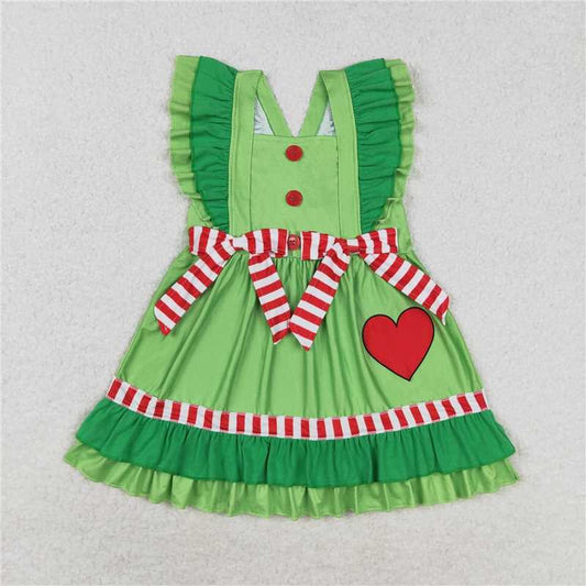 GSD1356 Heart red and white striped bow green lace flying sleeve dress