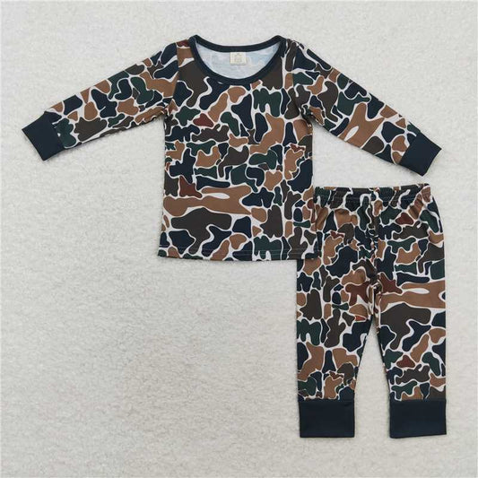 BLP0708 Modal brown green camouflage beige round neck long sleeve long pants pajama set