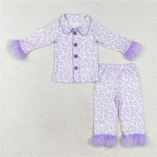 GLP1259 Purple fur trim leopard print long sleeve trousers pajama set